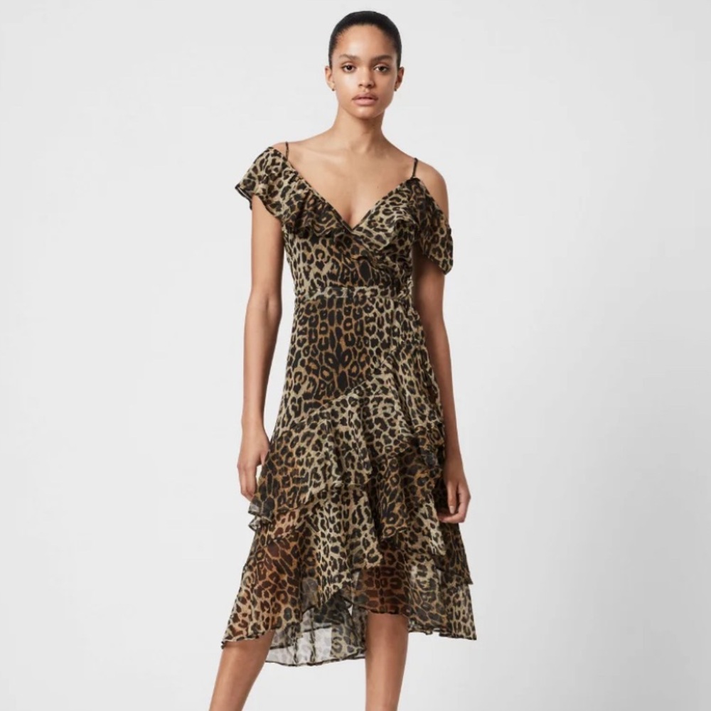 All Saints Black and Brown Asymmetrical Wrap Dress
